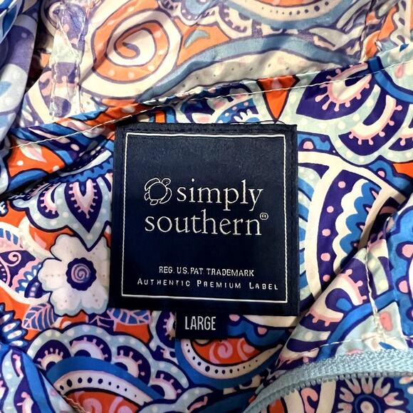 Simply Southern Rain Jacket Blue Paisley Size Large EUC Zipper Hood Colorful - Picture 8 of 9